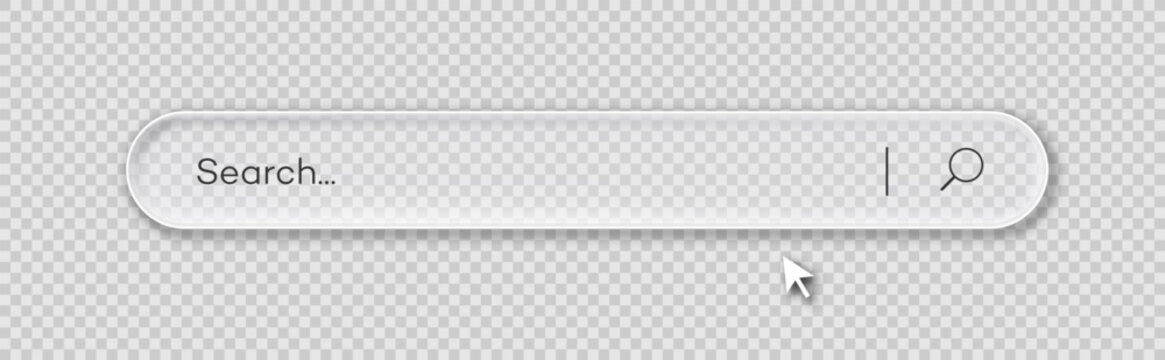 Glassmorphism 3d search bar Internet browser engine on transparent background for UI design, website interface element with web icons and push button