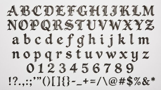 font alphabet in dry brush style from a to z numbers punctuation isolated on white background