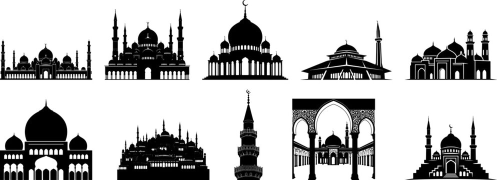 Islamic mosque architecture silhouette vector set featuring dome minaret and traditional religious buildings