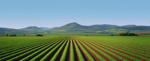 Countryside horizon bordered by vast uniform fields of cultivated crops