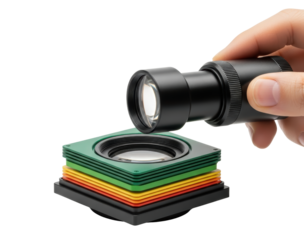 Hand holding black loupe over stack of colored square optical filters on a transparent background