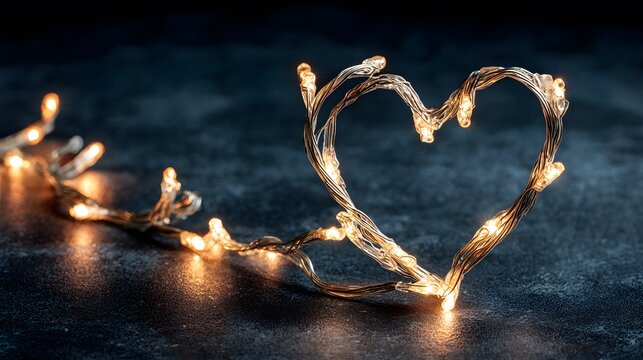 Heart-shaped arrangement of warm LED fairy lights on a dark textured surface, creating a cozy and romantic atmosphere for various decorative purposes - Powered by Adobe