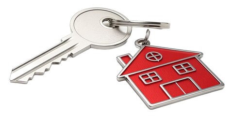 Silver key and red house shape keyring for new home ownership