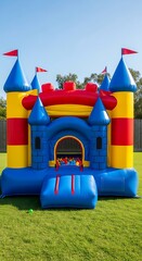 Colorful inflatable bounce house castle sits on green lawn under blue sky.