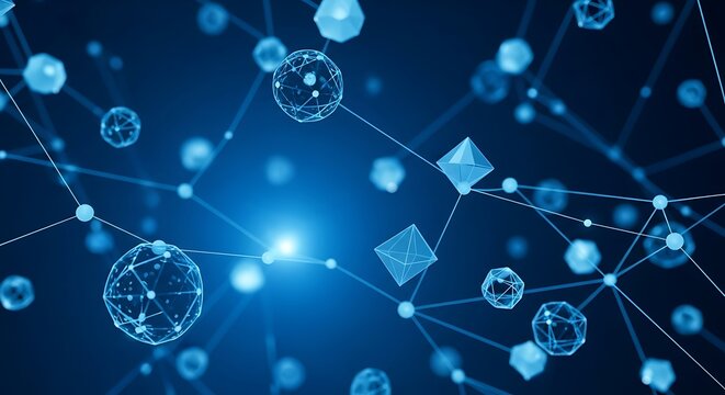 Abstract digital network of glowing geometric shapes and nodes connected by luminous lines on a dark blue background