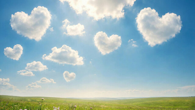 Surreal white heart shaped clouds in blue sky for Valentine's Day