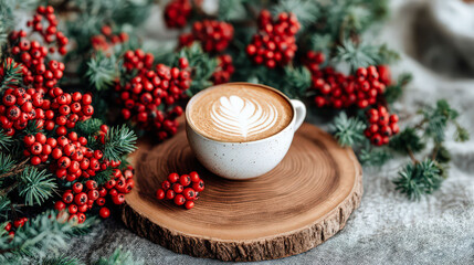 A cup of coffee is sitting on a wooden table with red berries surrounding it. The image conveys a cozy and warm atmosphere, perfect for enjoying a hot beverage on a cold day