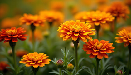 Fototapeta premium AI Generated Marigold colourful flower, a beautiful picture of orange, red & yellow colour flower plant A symbolisation Indian Cultural heritage tradition