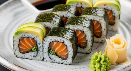Fresh salmon and avocado rolls served with ginger and wasabi.