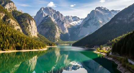Serene mountain lake reflects jagged peaks and lush forests under sky.