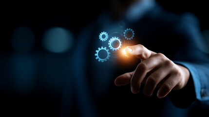 Robotic process automation concept with hand touching gear icon faceless individual defocused holographic interface background activating automated workflow with bots business