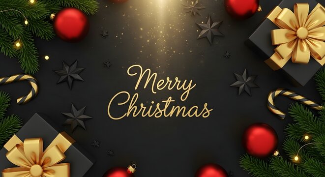 Elegant christmas flat lay with merry christmas text, red baubles, green pine branches, black gift boxes with gold ribbons, and sparkling lights