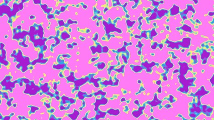 Psychedelic abstract pattern with vibrant purple and turquoise shapes outlined in yellow on a bright pink base. Perfect for energetic designs, pop art, or playful backgrounds.