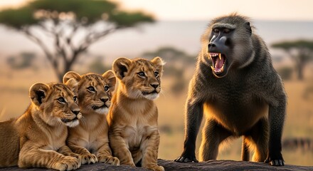 Young lions observe a baboon roaring fiercely in the savanna at sunset.