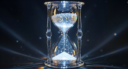 An illuminated hourglass with shimmering sand flowing downwards casting ethereal light beams against a dark mysterious background symbolizing the passage of time
