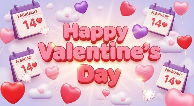 Happy valentine s day background with calendar hearts and clouds