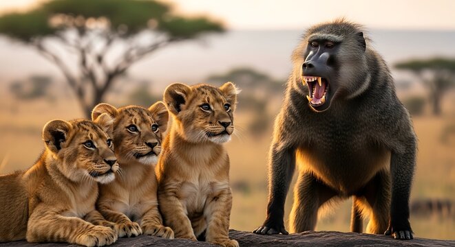 Young lions observe a baboon roaring fiercely in the savanna at sunset.