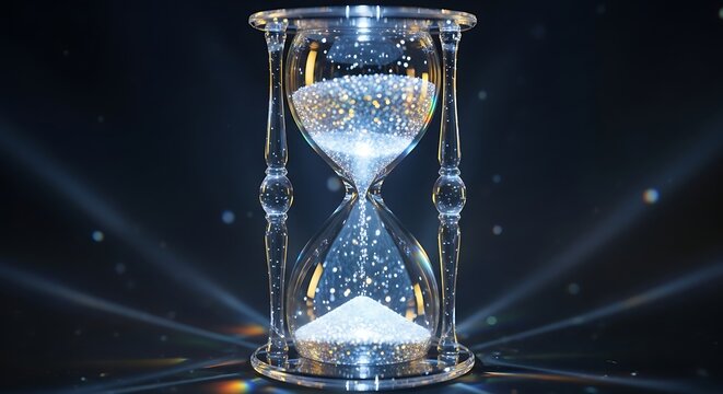 An illuminated hourglass with shimmering sand flowing downwards casting ethereal light beams against a dark mysterious background symbolizing the passage of time