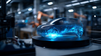 Futuristic blue vehicle design hologram in automotive factory defocused manufacturing background digital visualization concept automobile production innovation technological