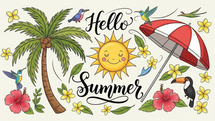 Cute Summer Elements Set – Sun, Palm Tree, Tropical Flowers and Birds Vector Illustration