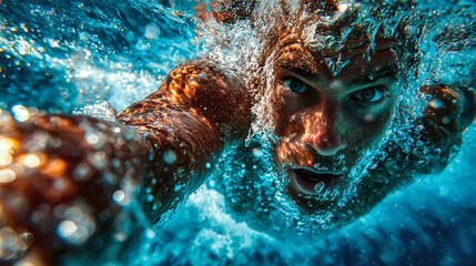 Dynamic underwater action shot of a swimmer gliding forward with intense facial focus and swirling water motion
