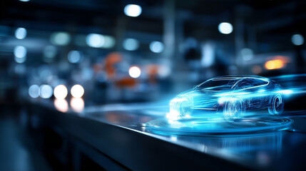 Futuristic blue vehicle design hologram in automotive factory defocused manufacturing background digital visualization concept automobile production innovation technological