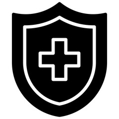 Health Shield Glyph Black Silhouette Icon Design Vector - shield with a medical cross symbol representing healthcare protection, immunity, and medical safety