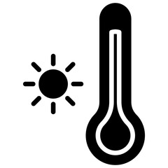 High Temperature Glyph Black Silhouette Icon Design Vector - thermometer with sun symbol representing heat, fever, hyperthermia, and temperature monitoring