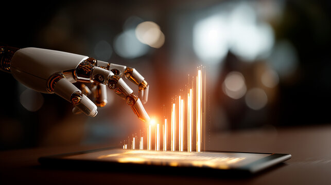 Robotic hand interacting with glowing holographic bar chart from digital tablet defocused data background symbolizing driven analysis business intelligence futuristic technology