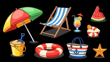 Summer Beach Relax Accessories Set on Black Background – Cartoon Game Items
