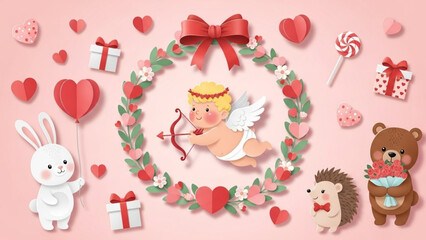Valentine’s Day Cute Character Set – Cupid, Animals, Wreaths, and Hearts Vector Illustration