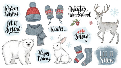 Winter Season Elements Set – Warm Clothes, Animals, and Holiday Calligraphy Vector Illustration