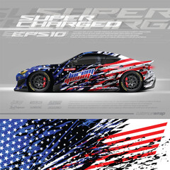 Car wrap decal graphic american flag design. Abstract stripe racing background designs for wrap cargo van, race car, pickup truck, adventure vehicle. Eps 10 