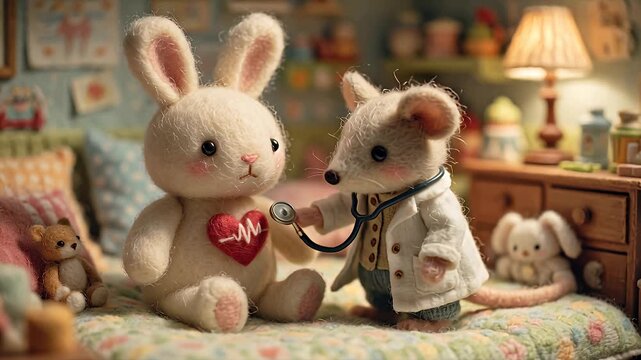 Stuffed rabbit and mouse in playful medical scene with stethoscope on bed