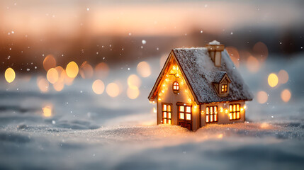 A small house with a white roof is lit up with lights. The house is surrounded by snow and the lights give it a cozy and warm feeling