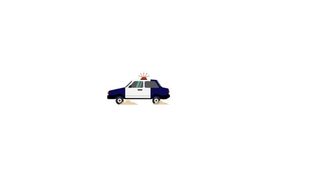 An isolated vector illustration of a blue and white police patrol car with a flashing red siren, representing emergency services and law enforcement on a white background