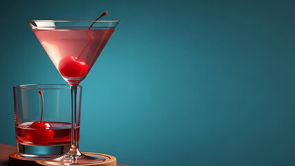 Two classic cocktails, a pink martini and a darker spirit on the rocks, each garnished with a bright red maraschino cherry.