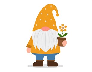 Charming gnome in yellow attire holding potted flower, against clean backdrop, radiates warmth & whimsicality