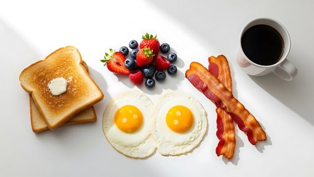 Classic breakfast with eggs bacon toast coffee and mixed berries arrangement