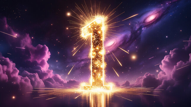 Cosmic Fireworks: Glowing "1" in a Starlit Universe
