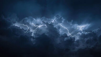 Dramatic lightning bolts illuminate dense, dark thunderclouds during a powerful night storm