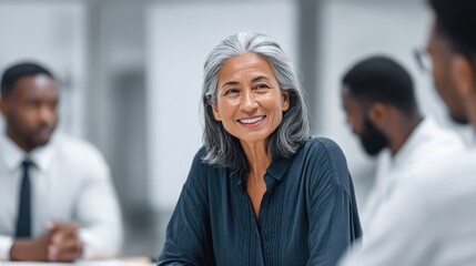 Senior Woman Smiling in Meeting with Diverse Group of Professionals