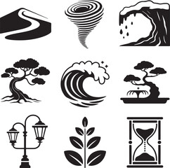 Set of nature and time related vector icons in black and white
