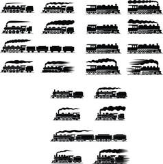 Obraz premium Collection of black steam locomotive silhouettes with smoke