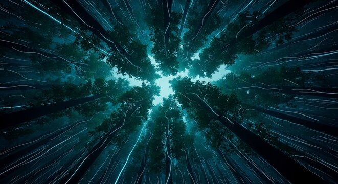 Abstract fractal design with vibrant blue and green hues, radiating energy. - Powered by Adobe