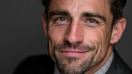 Close-up Portrait of a Mature Man with Green Eyes and a Warm Smile, Featuring Natural Skin Texture and Subtle Wrinkles Against a Dark Gray Background, Evoking Authenticity and Approachability