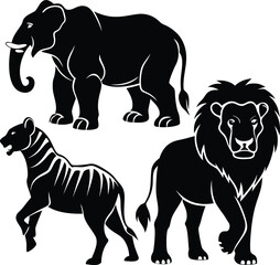 Fototapeta premium Silhouettes of Elephant, Lion, and Zebra on White Background