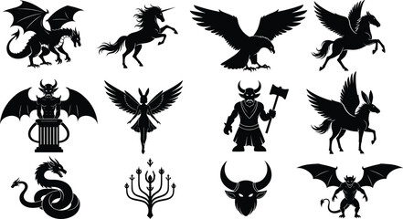 Mythical creature vector set, black silhouette fantasy icons including dragon, unicorn, Pegasus, demon, warrior, angel for tattoo, game, decor, art