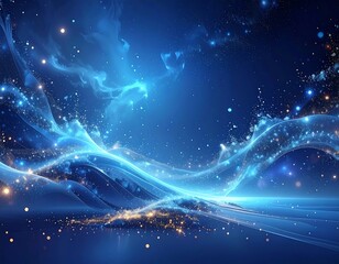 Blue space scape with glowing wavy light formations and scattered stars and particles, ethereal and serene