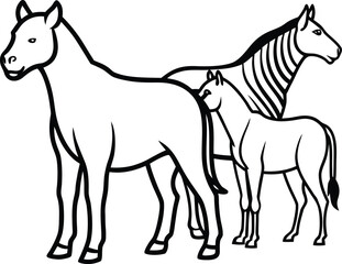 Fototapeta premium Stylized Line Art of Three Equine Animals with Zebra Stripes Keywords: horse, zebra, foal